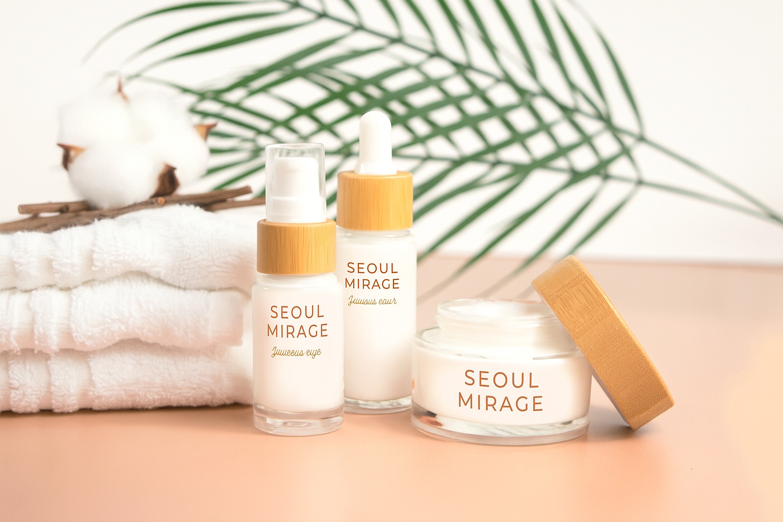 Luxury skincare products including bottles, jars, and droppers